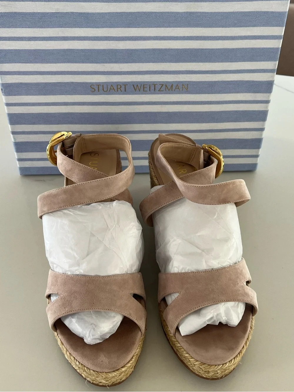 Stuart Weitzman Zuzu Suede Sandal Espadrille Wedges Nude Beige Size 9 / 39.5 - Picture 9 of 10
